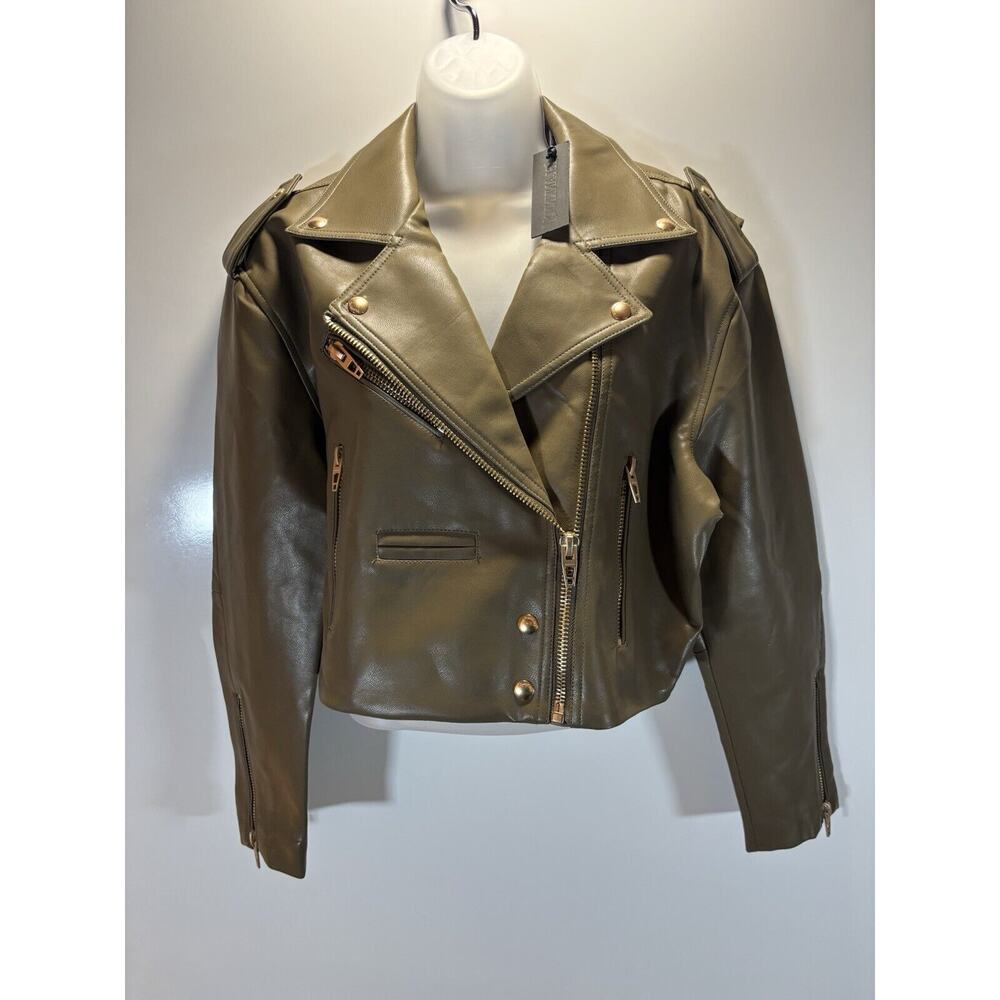 BLANK NYC Womens Cognac Faux Leather Vegan Cropped Moto Biker Jacket Small Gold